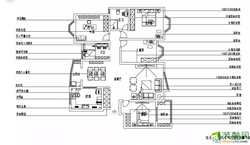 祥和花园190平四室两厅两卫户型装修案例——双阳台户型平面设计
