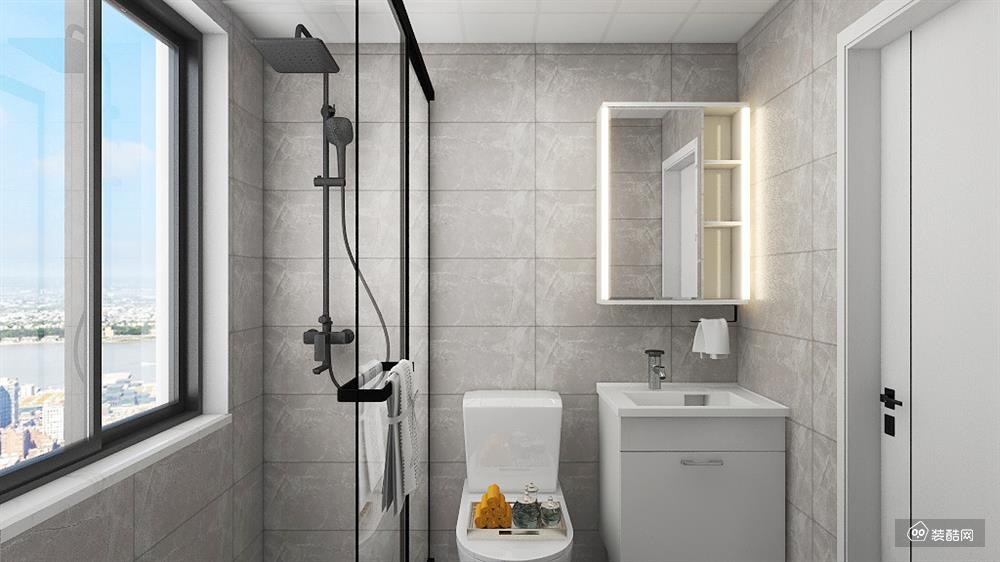 统一色调的卫生间设计，极窄边的移门搭配黑色的淋浴花洒更显高级，发光的镜面是近期流行的元素，完成正面补光。