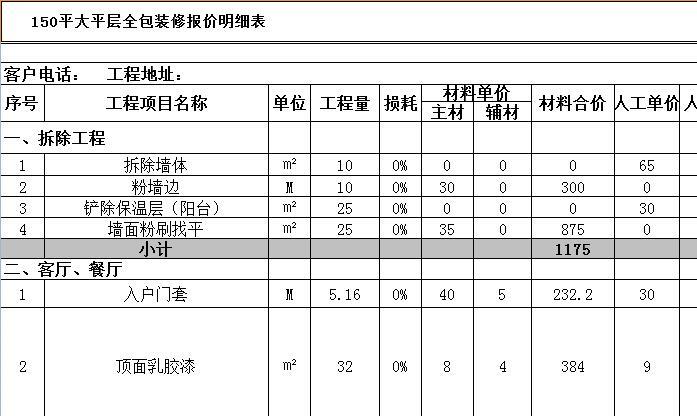 150平大平层全包装修报价明细表