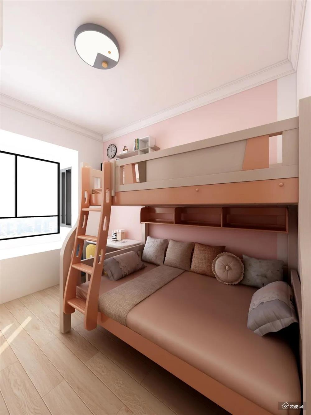儿童房｜儿童房在色彩上采用了粉白的基调，根据需要采用双层香槟色的床，以床为中心，左设写字台和书架，以造型、色彩凸显家居质感，简约而舒适。
