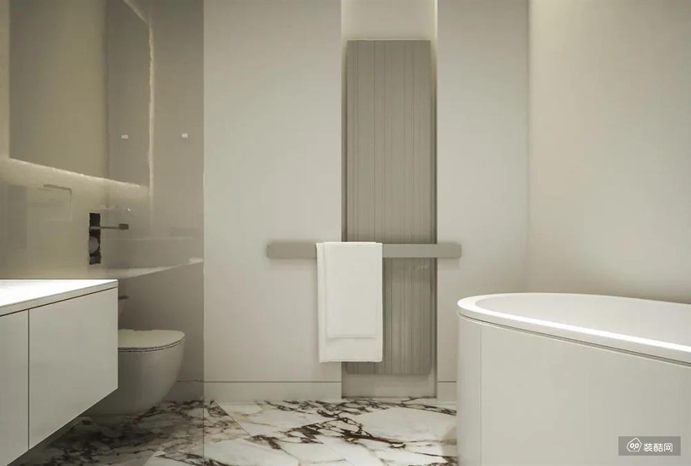 淋浴间用玻璃门隔开 创造了干湿分离的空间 卫生间还配有浴缸 圆润的造型恰到好处
