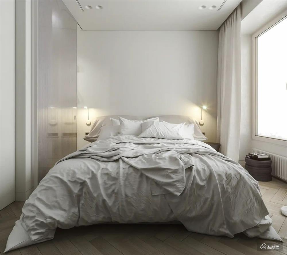 卧室也运用了大面积的白色 皮质的软包床头带来柔软的触感 中和了大量白色的生硬感