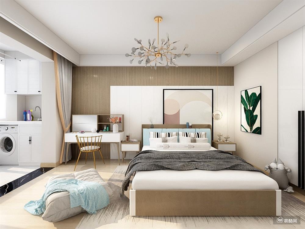 主卧用屋主喜欢的高级灰来定义温柔，整体淡雅的灰色，明亮的白色，温馨的原木色，黄铜元素的点缀，营造了一个素雅温馨的空间。让房间看起来不会太过冷淡