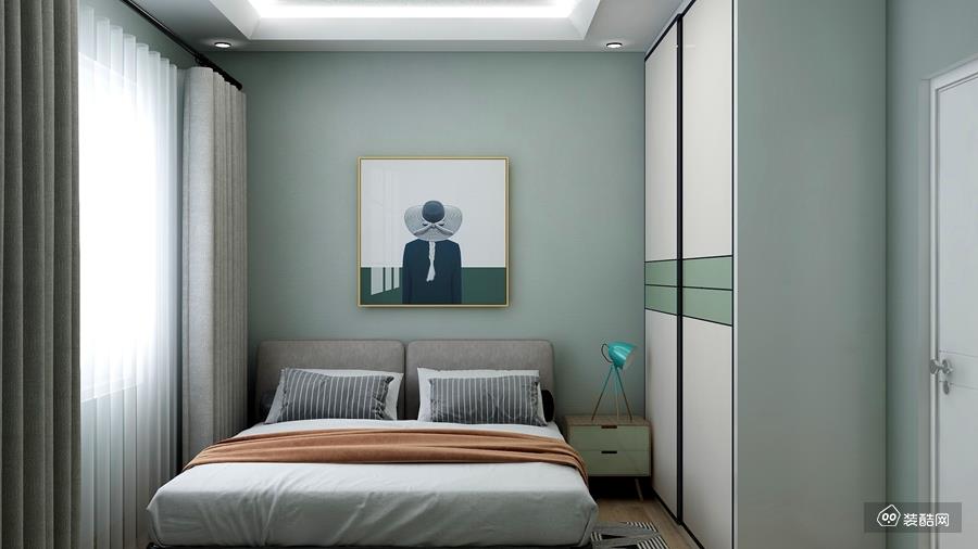 次卧2：另一个房间常规的休息房间设计，采用灰绿色调让空间多了层次感，给人一个舒适的心情。