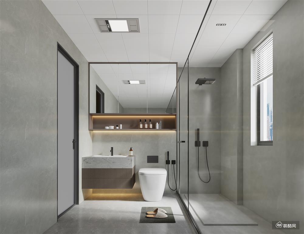 主卫马桶区和淋浴房相互背离，都有自己的单独位置。玻璃门作为干湿分区的关键因素，将洗浴区与洗漱台和马桶区隔开，实现干湿分离作用。