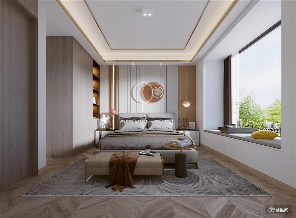 客房设计上主要以现代简约为主，满足基本的功能需求，所有的卧室延续无主灯的设计，只采用最简单的筒灯来照明。鱼骨型的木地板铺贴方式，让空间瞬间充满立体感。