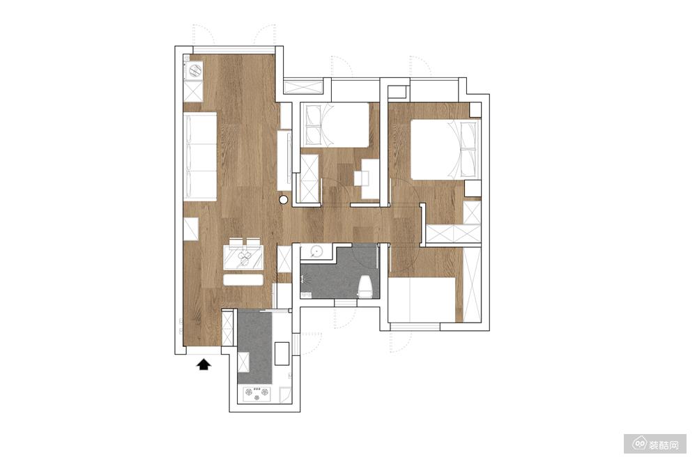 本案房型方正，采光通透，目前是当做三房需求在设计，主要的改造点在于：（1）客餐厅一体，让小空间拥有大格局；（2）主卧借用部分其他居室空间，将墙体后推，进而扩大实际使用面积；（3）卫生间干区外置，有效分区不重叠，避免潮湿。